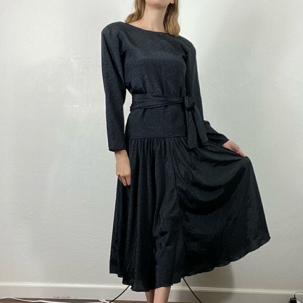 Vintage Handmade Black Floral Drop Waist Midi Dress